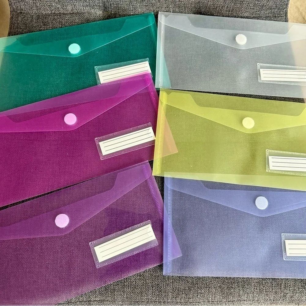 Set/6 Brightly Colored, Transparent Velcro Closure Envelope Organizers, A6 Size